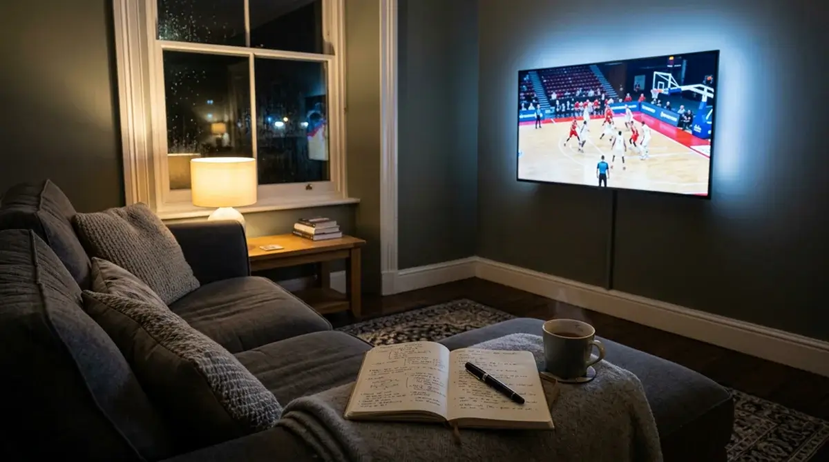 UK living room at night with a basketball game on the television and a notebook with handwritten notes on the sofa